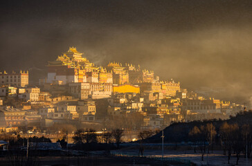 The sunrise view of Songzanlin Monastery in Shangri-La, Yunnan	