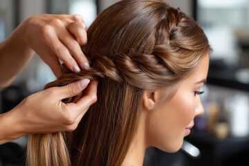 Fototapeta premium Woman getting intricate braid hairstyle at salon during daytime