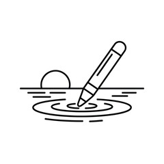Pen drawing ripples on water with a setting sun