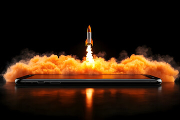 Futuristic smartphone and rocket launch concept in digital art