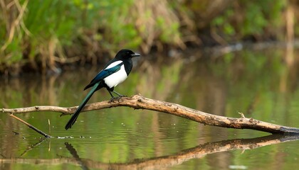 Magpie perched on a branch over water