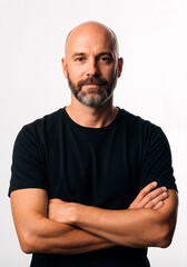 Fototapeta premium Confident bald man with beard wearing black t-shirt and arms crossed, modern casual lifestyle portrait isolated on white background representing strength, confidence, and authenticity