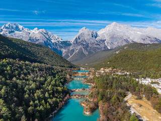 The Blue Moon Valley landscape of Yulong Snow Mountain in Lijiang, Yunnan