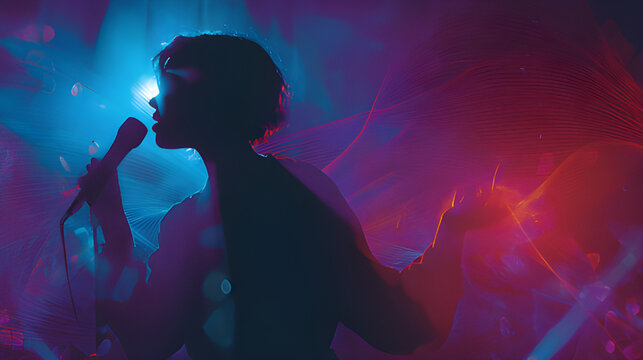 Young woman dancing and singing in nightclub. Silhouette of rapper, musician performing live on spotlight stage. Rock concert crowd poster