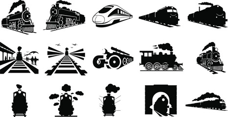 Silhouettes of vintage steam trains, modern trains, railway tracks, train stations, tunnels, and locomotives in black and white. © MDALRAFIN