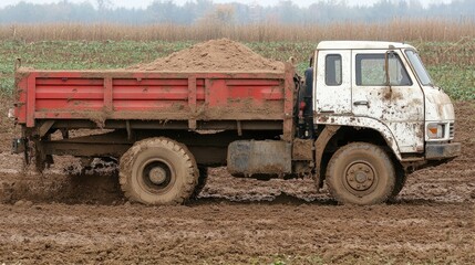 Rugged Dump Truck Navigating Muddy Terrain, Carrying Soil in Rural Field