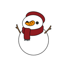 A cartoon snowman with a red scarf and orange carrot in his mouth