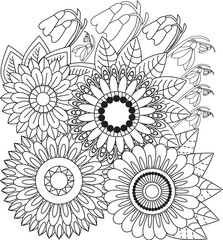 Relaxing mandala floral design coloring page for adults and children simple beautiful flowers white background