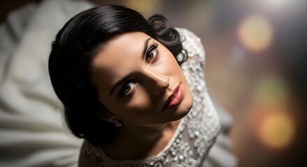 Stunning bride in an exquisite gown, looking up with a mesmerizing gaze, evoking elegance and grace, ideal for wedding-themed content.