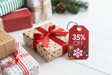Obraz premium Christmas Gifts with 35 percent Off Red Sale Tag presents