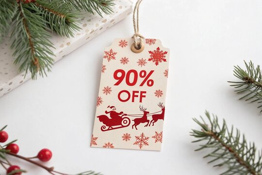 Christmas gift tag with 90 percent off sale and snowflakes