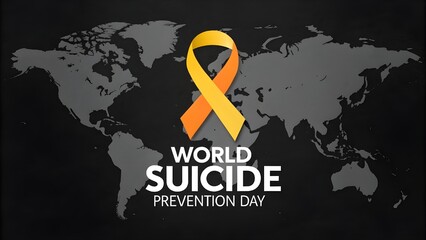 World suicide prevention day awareness with a glowing orange and yellow ribbon superimposed on a world map, symbolizing global support and hope
