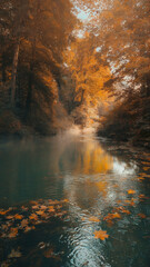 Obraz premium Autumn River Scene With Fog and Fallen Maple Leaf in Calm Water