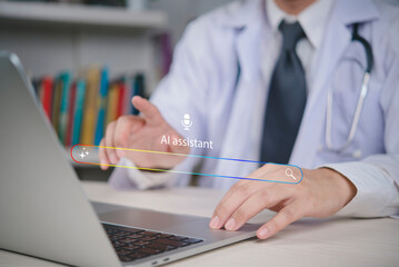 AI assistant technology helps doctor using laptop in hospital office, providing digital healthcare solutions, online medical consultation, and innovative telemedicine concept.