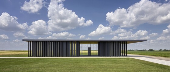 Obraz premium Modern Minimalist Building in a Vast Agricultural Landscape Under a Bright Blue Sky with White Clouds