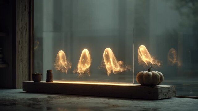 Spooky Fireplace Scene: A modern fireplace with ethereal, glowing ghosts, creating an uncanny ambiance with a rustic touch for spooky season.