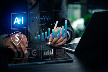 Businessman analyzing financial data with AI technology on tablet, showing virtual charts, money security, and digital finance innovation for investment, business growth, and fintech solutions.