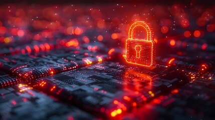 Futuristic digital padlock glows red on circuit board, symbolizing cybersecurity and data protection