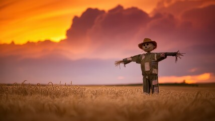 Fototapeta premium Scarecrow in a golden wheat field at sunset with dramatic clouds and vibrant colors, capturing the essence of rural life and nature's beauty - AI Generated Digital Art