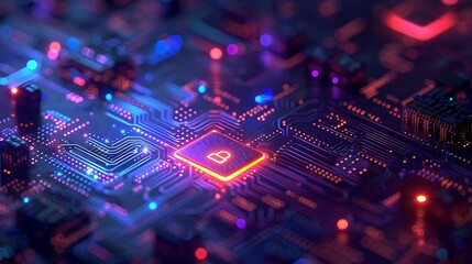 Futuristic digital padlock glows red on circuit board, symbolizing cybersecurity and data protection