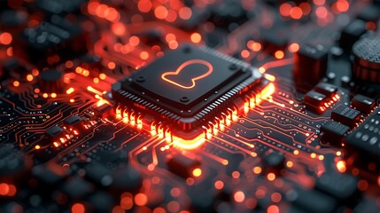 Futuristic digital padlock glows red on circuit board, symbolizing cybersecurity and data protection