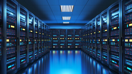 Modern Data Center with Rows of Server Racks Illuminated by Blue Light