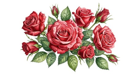 Beautiful Red Roses With Water Droplets Delicate Petals Lush Green Leaves