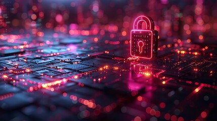 Futuristic digital padlock glows red on circuit board, symbolizing cybersecurity and data protection