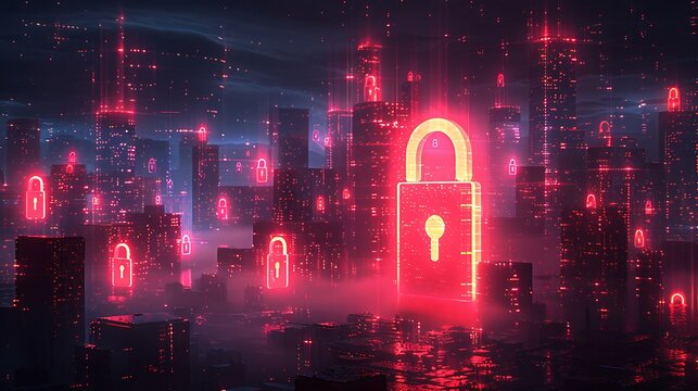 Vibrant digital city skyline glows with neon locks symbolizing cybersecurity and data protection