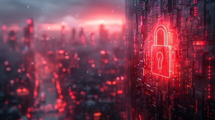 Futuristic digital padlock glows red on circuit board, symbolizing cybersecurity and data protection