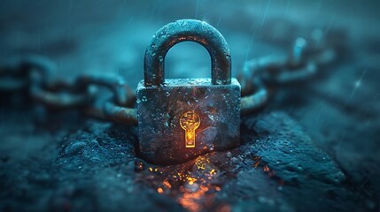 Secure your digital world with this powerful, locked padlock symbol glowing with data streams, rain falling.