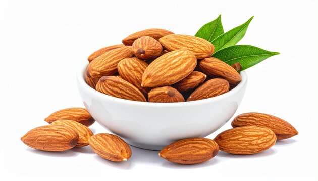 Fresh almonds in small bowl with natural brown shells crunchy organic nut healthy food isolated on white background