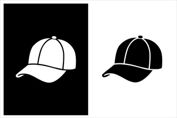 Minimalist vector baseball cap icon in dual color schemes, white on black, black on white. Clean, modern design ideal for UI, UX, apps, gamification, education, avatars, fashion, and sports themes.
