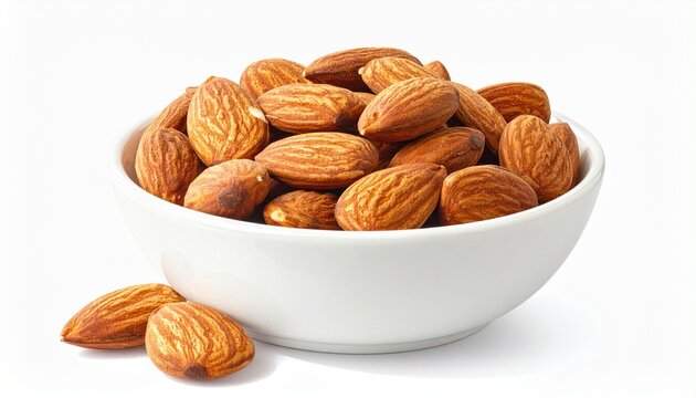 Fresh almonds in small bowl with natural brown shells crunchy organic nut healthy food isolated on white background