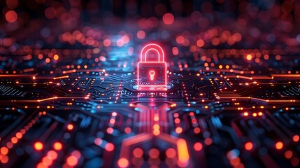 Secure digital network with glowing neon padlock and circuit board, representing cybersecurity and data protection.