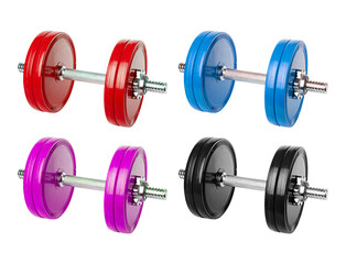 Four pairs of colorful dumbbells isolated on transparent background