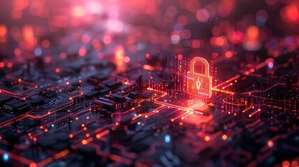 Futuristic digital padlock glows red on circuit board, symbolizing cybersecurity and data protection