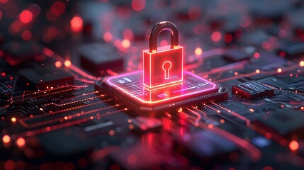 Futuristic digital padlock glows red on circuit board, symbolizing cybersecurity and data protection
