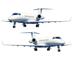 Obraz premium White Private Jet with Two Jet Engines and Visible Wheels, Corner View, Ideal for Infographics, Posters, Educational Materials, and Promotional Content, Isolated on a Transparent Background