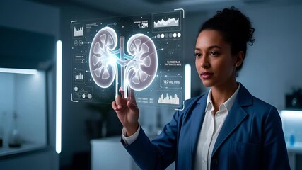 Female medical professional using a futuristic holographic interface to analyze a digital scan of human kidneys in a modern laboratory - Powered by Adobe