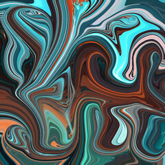 Obraz premium Vivid swirling abstract art with teal, orange, and brown waves in glowing fluid motion, golden accents creating hypnotic energy and modern appeal.