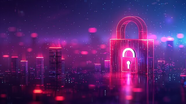Secure digital city skyline glowing with a prominent neon lock symbol, representing data protection