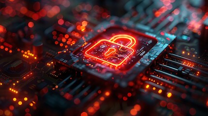 Futuristic digital padlock glows red on circuit board, symbolizing cybersecurity and data protection