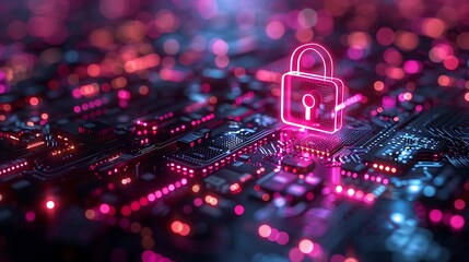 Glowing neon padlock symbolizes digital security and data protection on futuristic circuit board backdrop