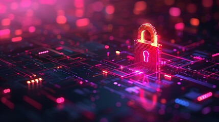 Secure digital network with glowing padlock symbol, representing cybersecurity and data protection