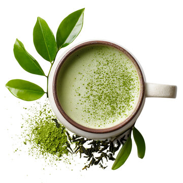 Ceramic cup filled with creamy matcha latte sprinkled with powder surrounded by fresh green leaves transparent background