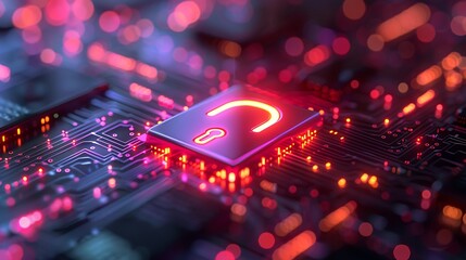 Futuristic digital padlock glows red on circuit board, symbolizing cybersecurity and data protection