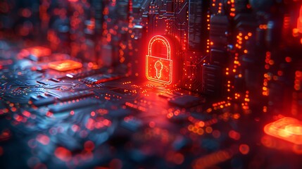 Futuristic digital padlock glows red on circuit board, symbolizing cybersecurity and data protection