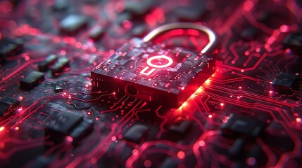Futuristic digital padlock glows red on circuit board, symbolizing cybersecurity and data protection
