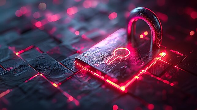 Secure digital lock glowing with neon red light, symbolizing cybersecurity and data protection